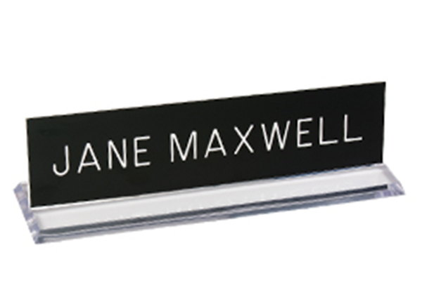 Engraved Sign with Plexiglass Desk Holder || Custom Indoor Signs || Horizontal, 8" x 2"